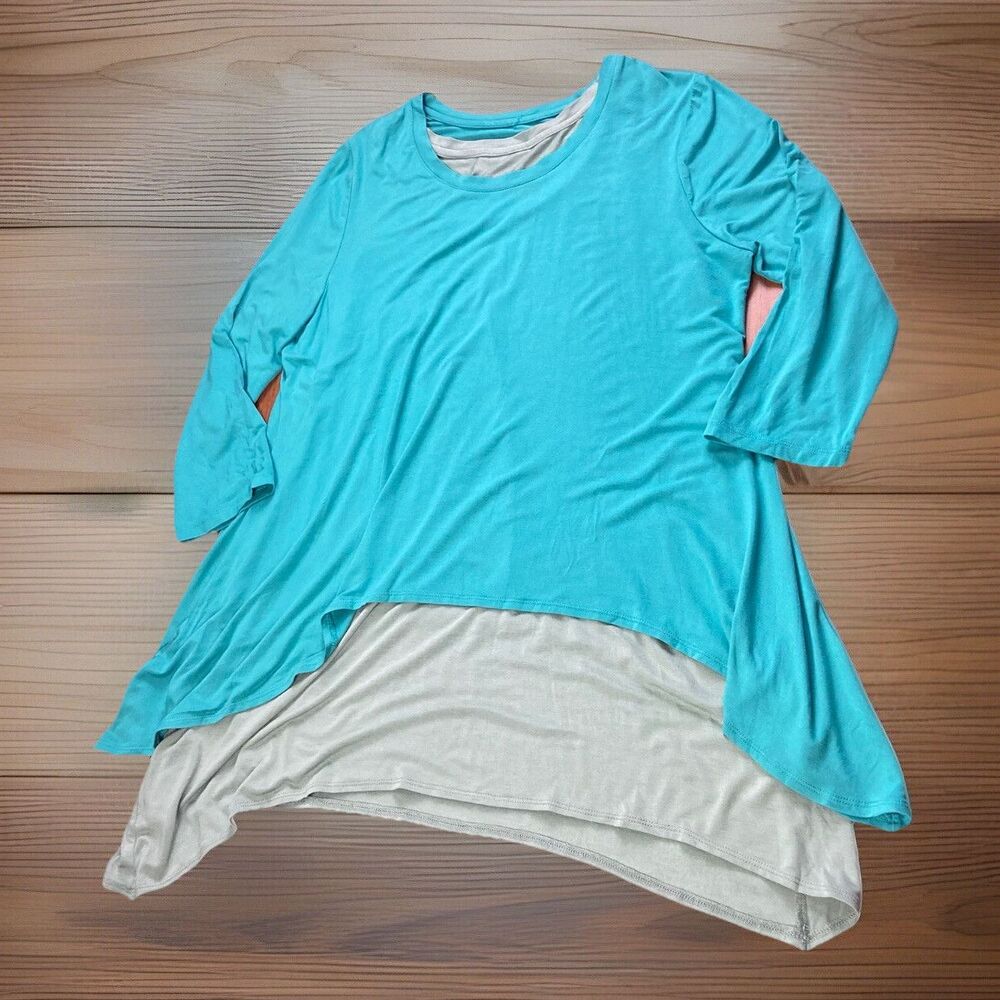 LOGO by Lori Goldstein Tunic Shirt Sz Large Sharkbite Hem Teal Green Knit Layers - Picture 5 of 9